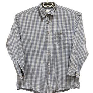 Izod Men Button Up Shirt Size L Blue Brown Plaid Long Sleeve 100% Cotton Preppy